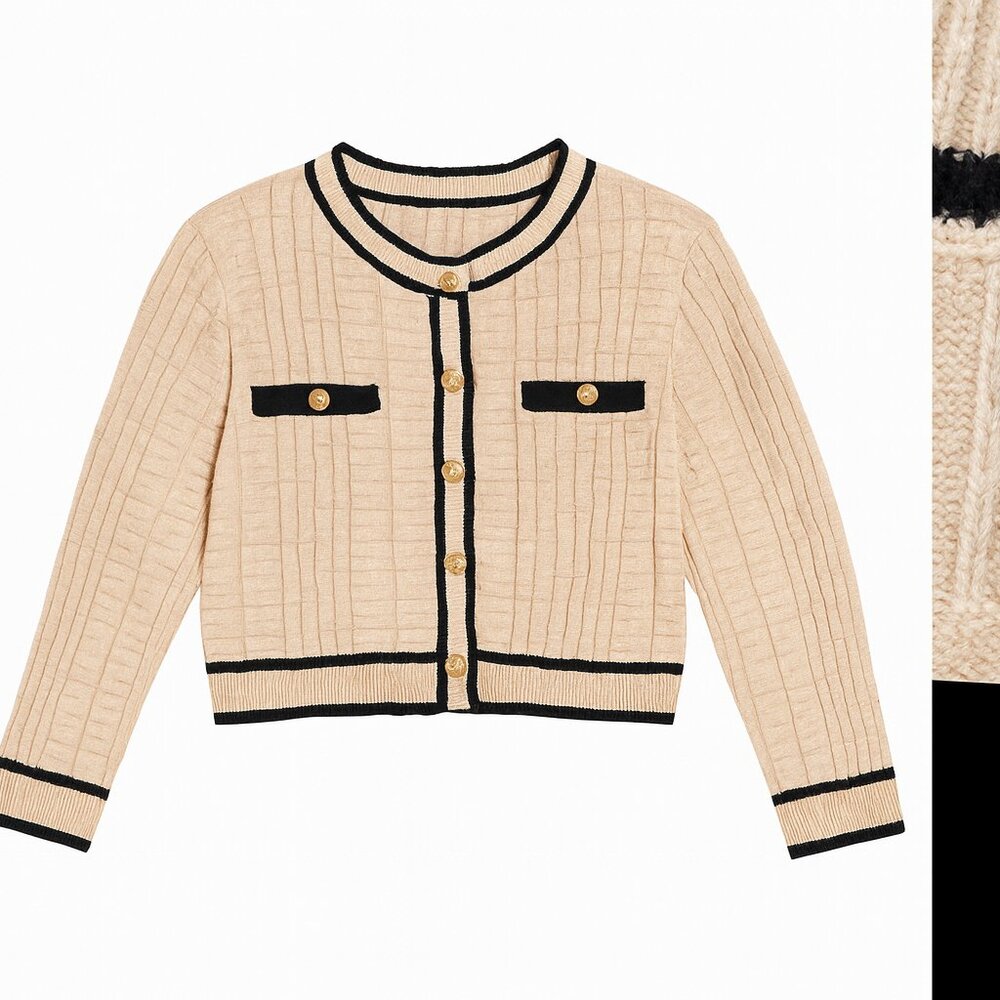 SHEIN Curve Beige Knit Cardigan with Black Trim & Gold Buttons
